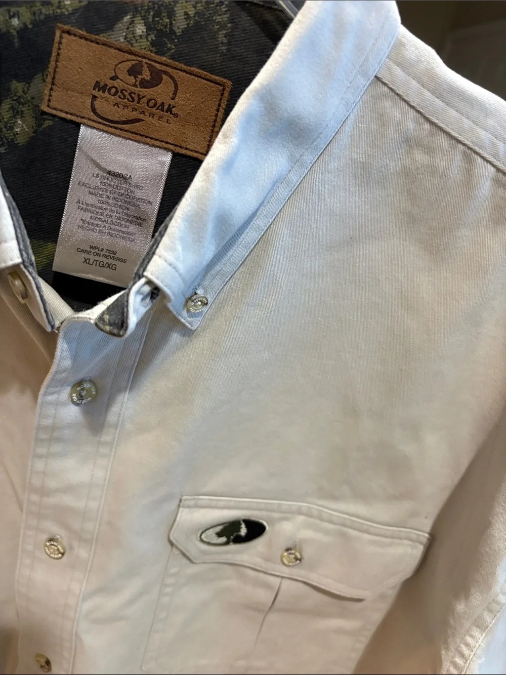 Mossy Oak Men's Tan Cotton Button-Down with Camo Shoulder